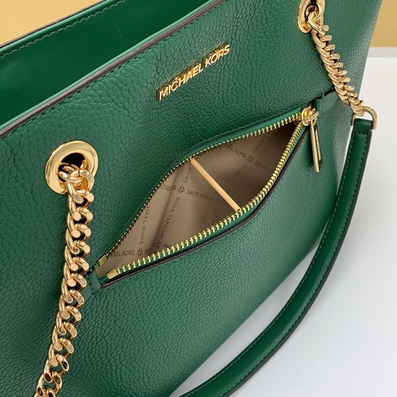 Michael Kors Jet Set Item Medium Front Pocket Shoulder Chain Tote JEWEL GREEN - Picture 15 of 16